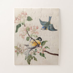 Two little birds near a branch of apple blossoms,  jigsaw puzzle