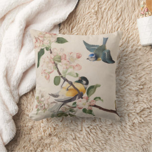 Two little birds near a branch of apple blossoms,  throw pillow