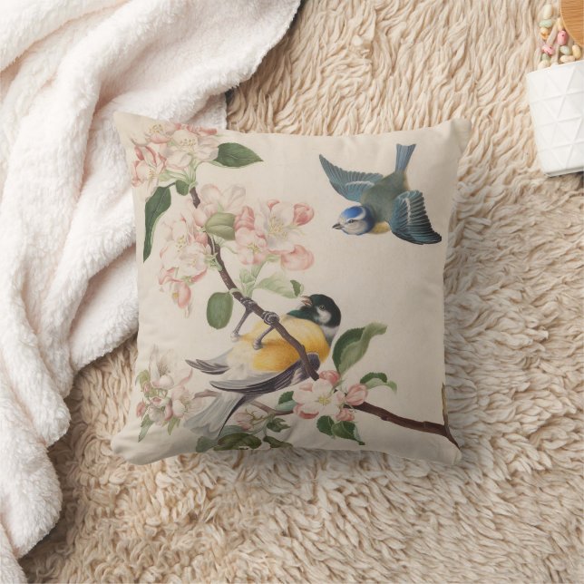 Two little birds near a branch of apple blossoms,  throw pillow (Blanket)