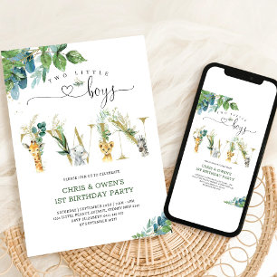Two Little Boys TWIN Floral Animals Birthday Invi Invitation