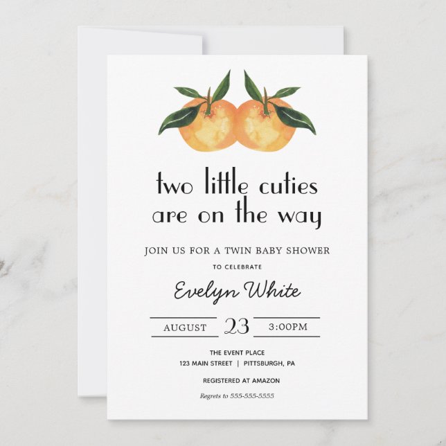 Two Little Cuties Are On the Way Twin Baby Shower Invitation (Front)