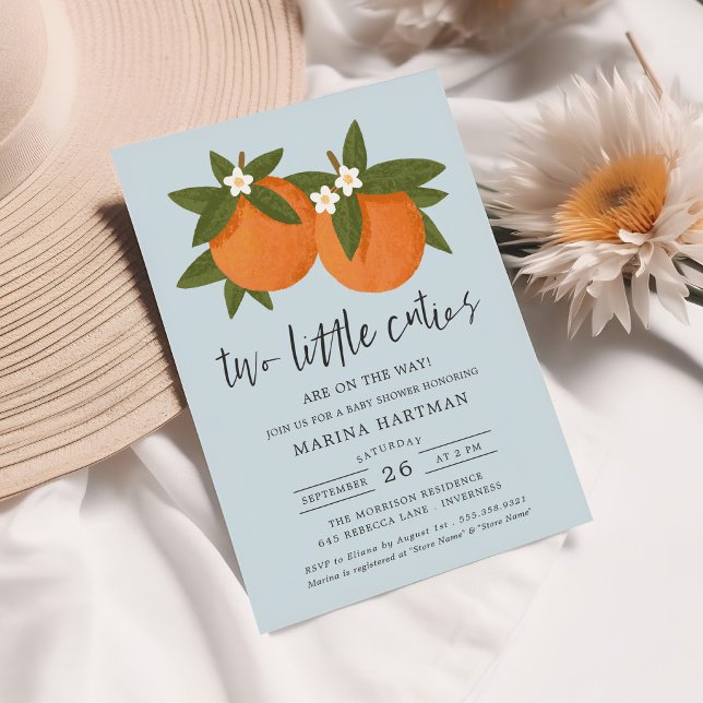 Two Little Cuties Orange Twin Baby Shower Blue Invitation (Creator Uploaded)