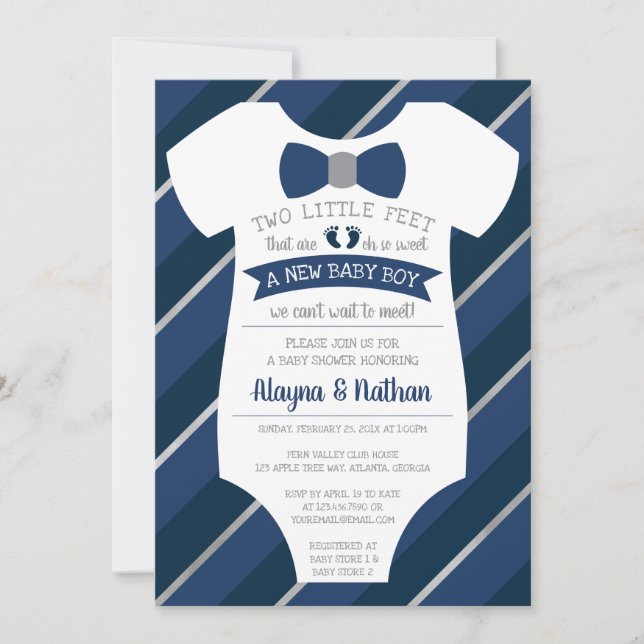 Two Little Feet Baby Shower Invitation, Bow Tie Invitation (Front)