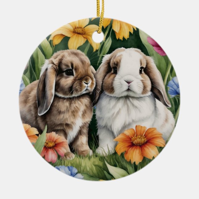 Two Little Lop Bunny rabbits Ceramic Ornament (Front)