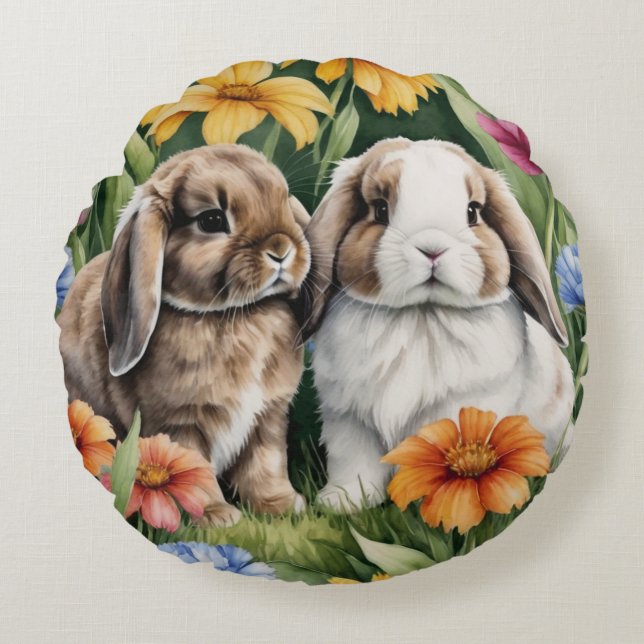Two Little Lop Bunny rabbits Round Pillow (Front)