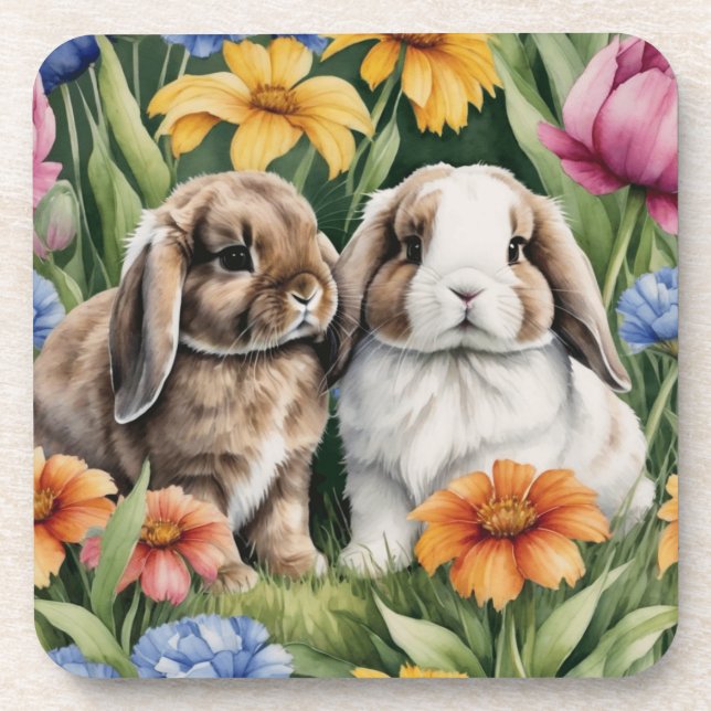 Two Little Lop Bunny rabbits set 6 Coaster (Front)