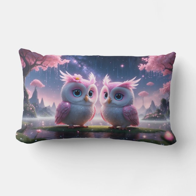 Two little owls in a dream world lumbar pillow (Front)