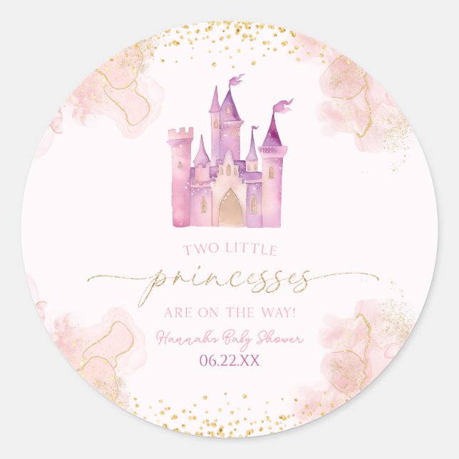 Two Little Princesses Castle Twins Baby Shower Classic Round Sticker (Front)