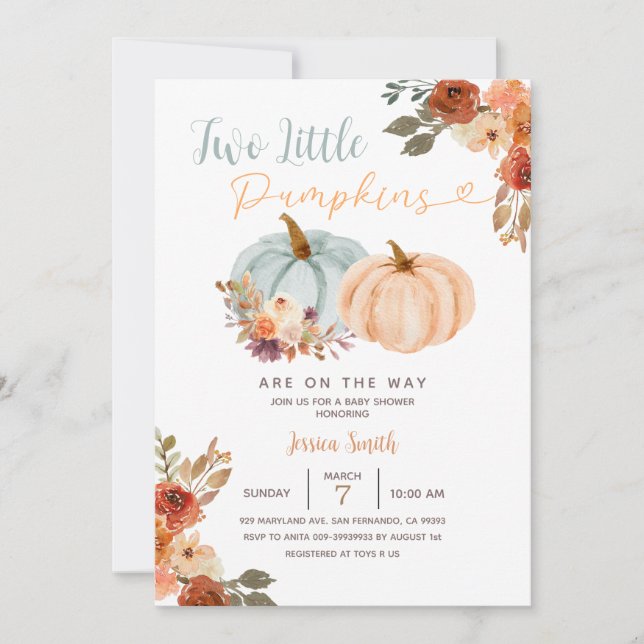 Two Little Pumpkins Blue Mint & Peach Baby Shower Invitation (Front)