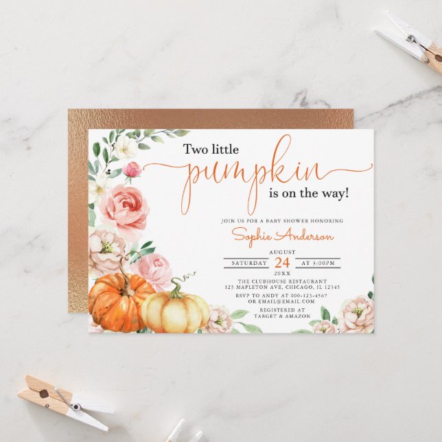 Two Little pumpkins fall floral Twins baby shower Invitation (Front/Back In Situ)