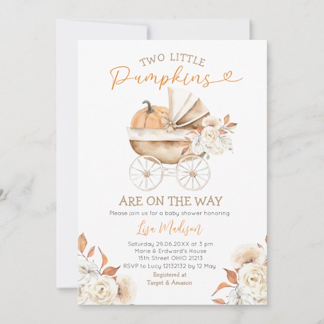 Two Little Pumpkins Stroller Floral Baby Shower Invitation (Front)