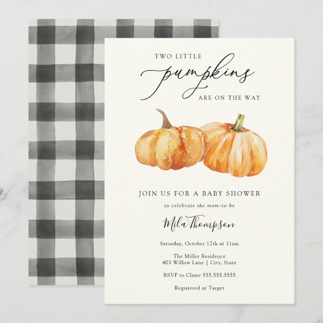 Two Little Pumpkins Twin Baby Shower Invitation (Front/Back)