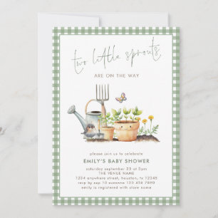 Two Little Sprouts Twins Sage Gingham Baby Shower Invitation