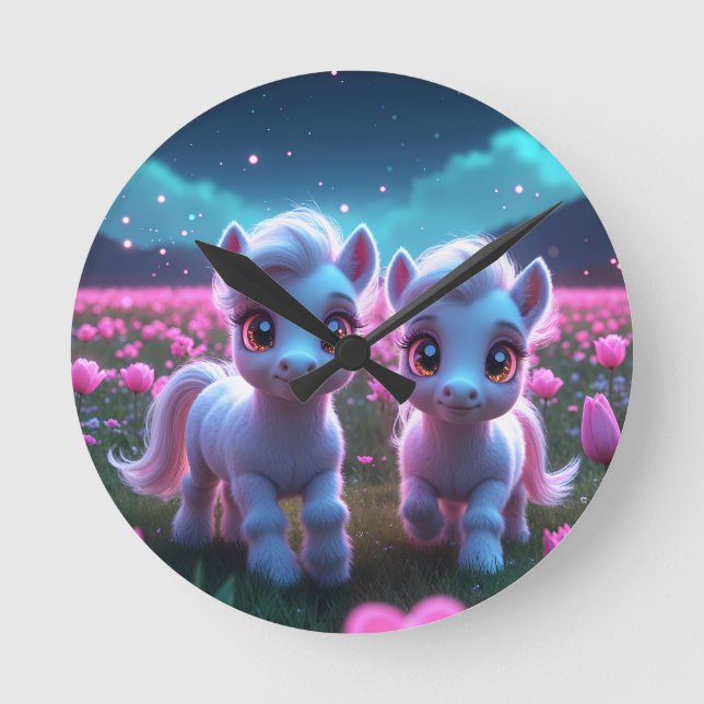 Two little sweet ponies round clock (Front)