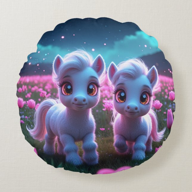 Two little sweet ponies round pillow (Front)