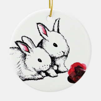 Two Little White Rabbits Ceramic Ornament