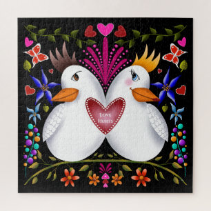 Two love birds hearts flowers Valentines Day colou Jigsaw Puzzle
