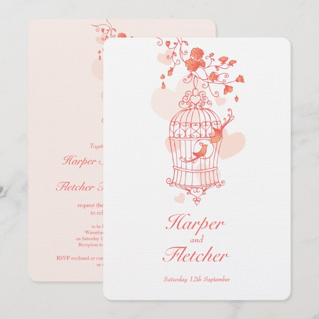 Two love birds open birdcage wedding coral invitation (Front/Back)
