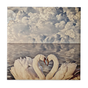 Two Love Swans Full Moon Lake Clouds    Tile