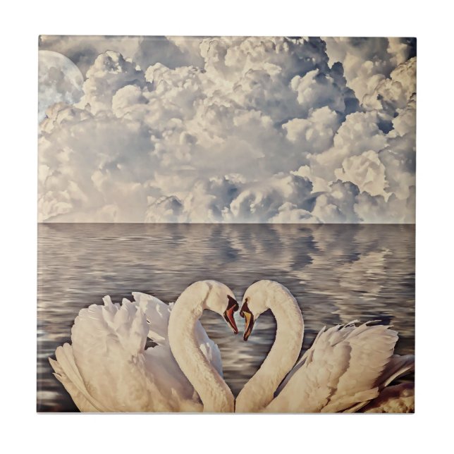 Two Love Swans Full Moon Lake Clouds  | Tile (Front)