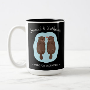 Two Lovely Cute Otters Custom Name Valentine's Day Two-Tone Coffee Mug