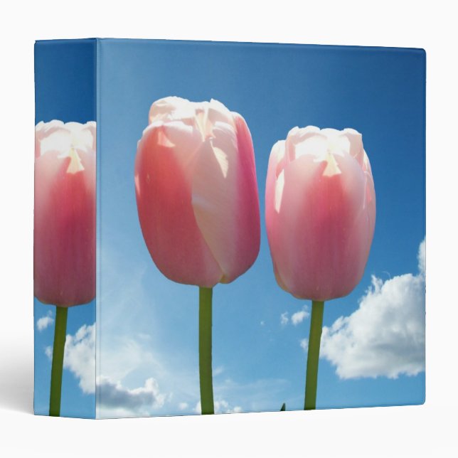 two lovely pink tulip flowers in blue sky. flower binder (Front/Spine)