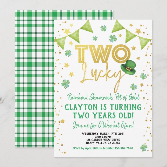Two Lucky 2nd Birthday St Patrick's Day Party Invitation (Front/Back)