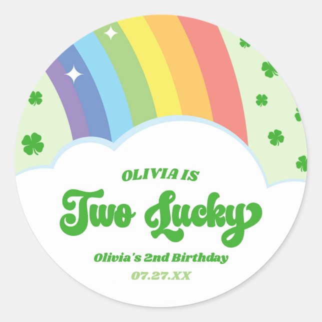Two Lucky Charm Rainbow 2nd Birthday Party Classic Round Sticker (Front)