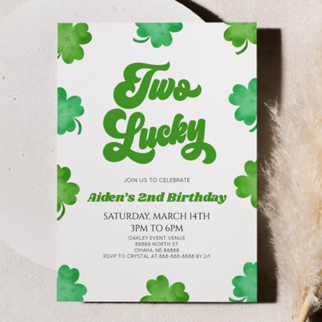 Two Lucky Green Shamrock Clover 2nd Birthday Party Invitation (Creator Uploaded)