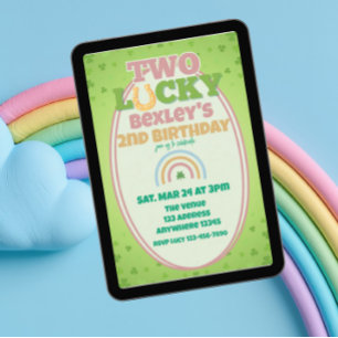 Two Lucky Pink Shamrock Rainbow 2nd Birthday  Invitation