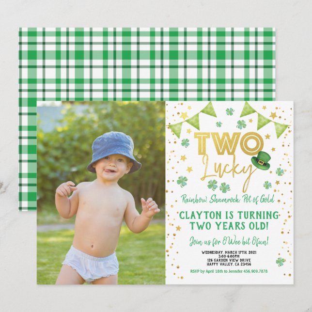 Two Lucky Second Birthday St Patrick's Day Photo Invitation (Front/Back)
