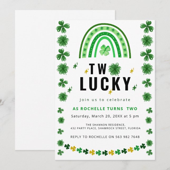 Two Lucky Shamrock Birthday Party Invitation (Front/Back)