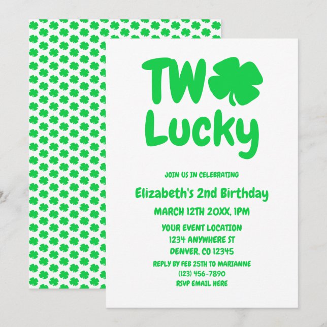 Two Lucky St Patrick's Day 2nd Birthday Invitation (Front/Back)