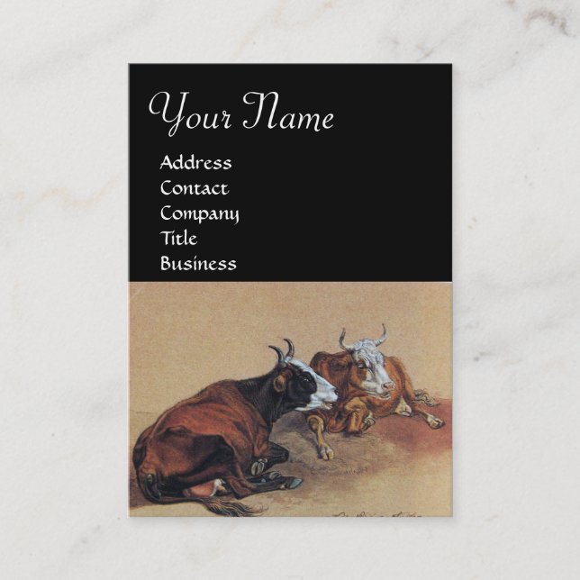 TWO LYING COWS  MONOGRAM,black Business Card (Front)