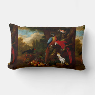 Two Macaws a Cockatoo and a Jay with Fruit Lumbar Pillow
