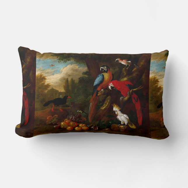 Two Macaws a Cockatoo and a Jay with Fruit Lumbar Pillow (Front)