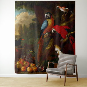 Two Macaws a Cockatoo and a Jay with Fruit Tapestry