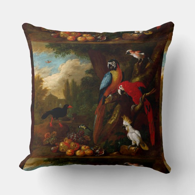 Two Macaws a Cockatoo and a Jay with Fruit Throw Pillow (Front)