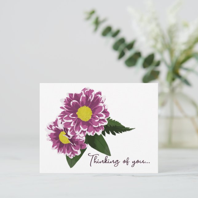 Two Magenta Pinks Dahlias Thinking of You Postcard (Standing Front)