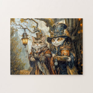 Two Magic Cats in a Steampunk Fantasy Scene Jigsaw Puzzle