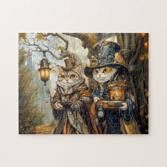 Two Magic Cats in a Steampunk Fantasy Scene Jigsaw Puzzle (Horizontal)