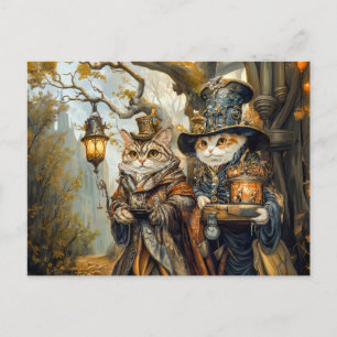 Two Magic Cats in a Steampunk Fantasy Scene Postcard