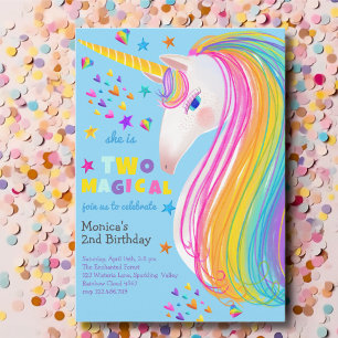 Two magical rainbow candy unicorn second birthday invitation