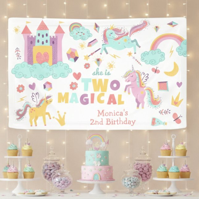 Two magical rainbow pastel unicorn second birthday banner (Creator Uploaded)