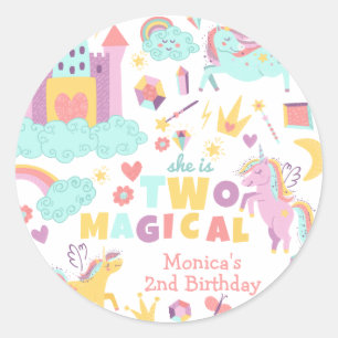 Two magical rainbow pastel unicorn second birthday classic round sticker