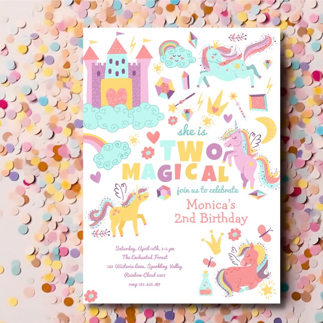 Two magical rainbow pastel unicorn second birthday invitation (Creator Uploaded)