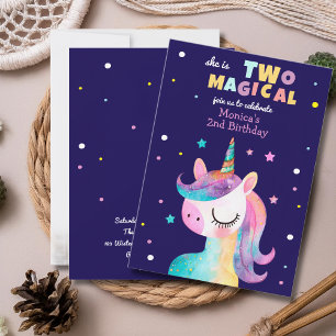 Two magical rainbow pastel unicorn second birthday invitation