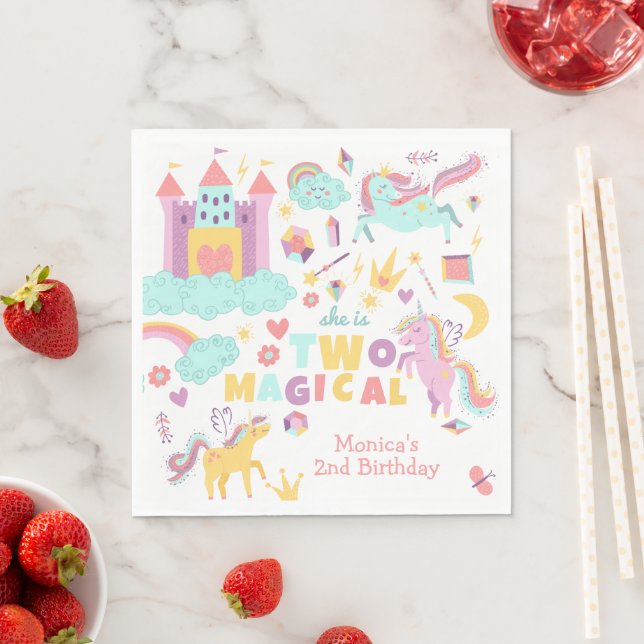 Two magical rainbow pastel unicorn second birthday napkin (Insitu)