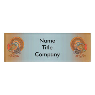 Two Majestic Turkeys Leaves Blue Orange Name Tag
