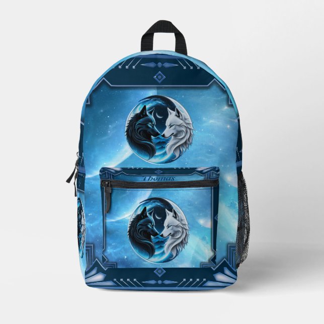 Two majestic wolf heads printed backpack (Front)
